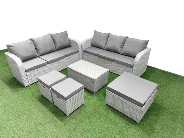 Rackhams 9-Seater High Back Rattan Garden Furniture Set - Light Grey Wicker Sofa with Rectangular Coffee Table & 3 Stools - image 1