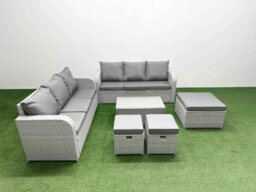 Rackhams 9-Seater High Back Rattan Garden Furniture Set - Light Grey Wicker Sofa with Rectangular Coffee Table & 3 Stools - thumbnail 2