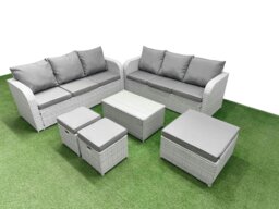 Rackhams 9-Seater High Back Rattan Garden Furniture Set - Light Grey Wicker Sofa with Rectangular Coffee Table & 3 Stools - thumbnail 1