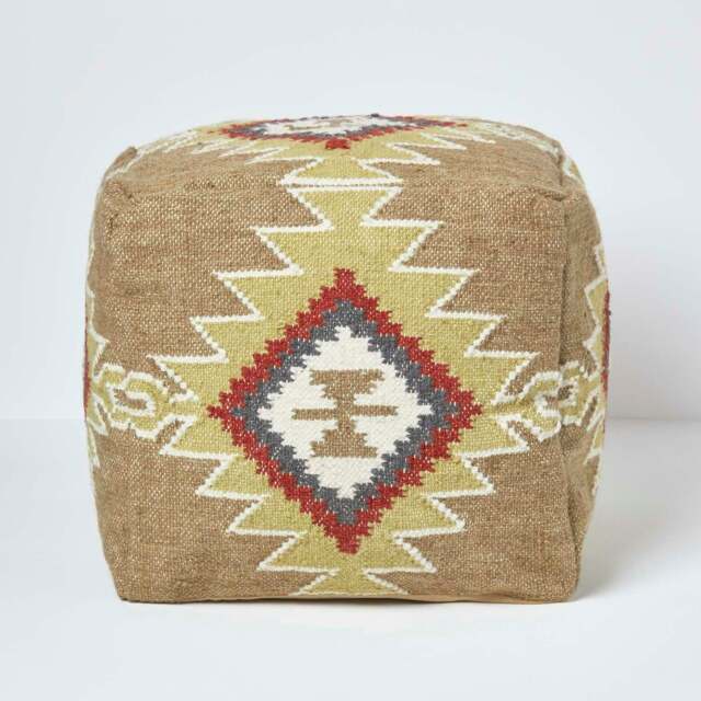 Rackhams Jaipur Brown and Orange Kilim Footstool Handwoven Beanbag Pouffe - 43 x 43 cm - image 1