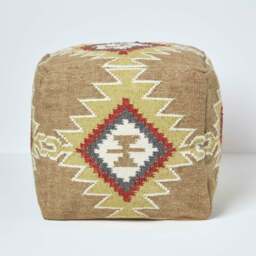 Rackhams Jaipur Brown and Orange Kilim Footstool Handwoven Beanbag Pouffe - 43 x 43 cm