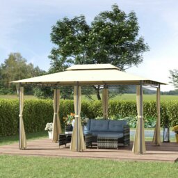Rackhams 4m x 3(m) Outdoor 2-Tier Steel Frame Gazebo w/ Curtains Outdoor Garden - thumbnail 1