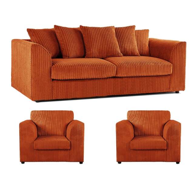 Rackhams Luxor Full Jumbo Cord 3 Seater and 2 x Armchairs - Scatter Back - Orange - image 1