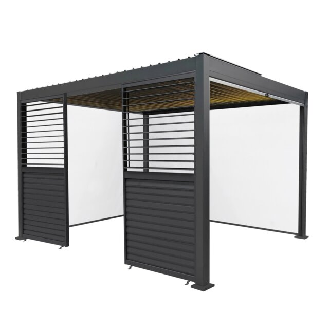Rackhams Anthracite Aluminium Pergola With White Blinds, 2 x Side Panels & LED Lights - 3m x 4m - image 1