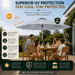 Rackhams Tilting Garden Parasol Table Umbrella 2.7M with Crank Handle, UV40 Protection, Free Protection Cover - Light Grey - thumbnail 4
