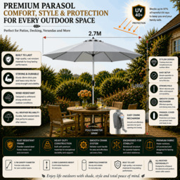 Rackhams Tilting Garden Parasol Table Umbrella 2.7M with Crank Handle, UV40 Protection, Free Protection Cover - Light Grey - thumbnail 2