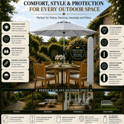 Rackhams Tilting Garden Parasol Table Umbrella 2.7M with Crank Handle, UV40 Protection, Free Protection Cover - Light Grey - thumbnail 3