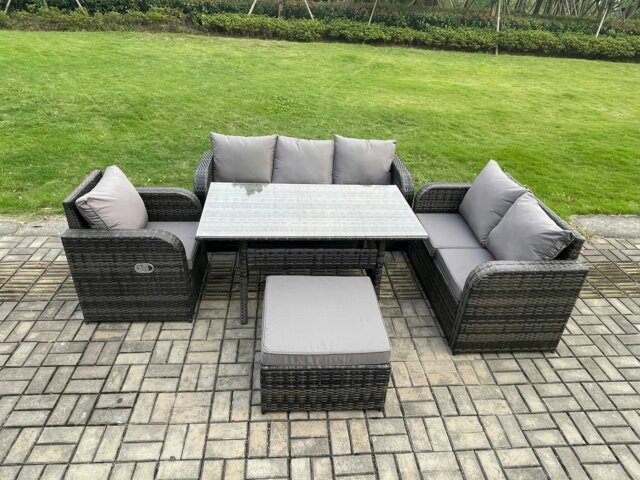 Rackhams 7 Seater Garden Rattan Furniture Dining Table Sofa Set Indoor Outdoor with Reclining Chairs Big Footstool Dark Grey Mixed - image 1