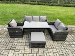 Rackhams 7 Seater Garden Rattan Furniture Dining Table Sofa Set Indoor Outdoor with Reclining Chairs Big Footstool Dark Grey Mixed - thumbnail 1