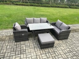 Rackhams 7 Seater Garden Rattan Furniture Dining Table Sofa Set Indoor Outdoor with Reclining Chairs Big Footstool Dark Grey Mixed - thumbnail 2