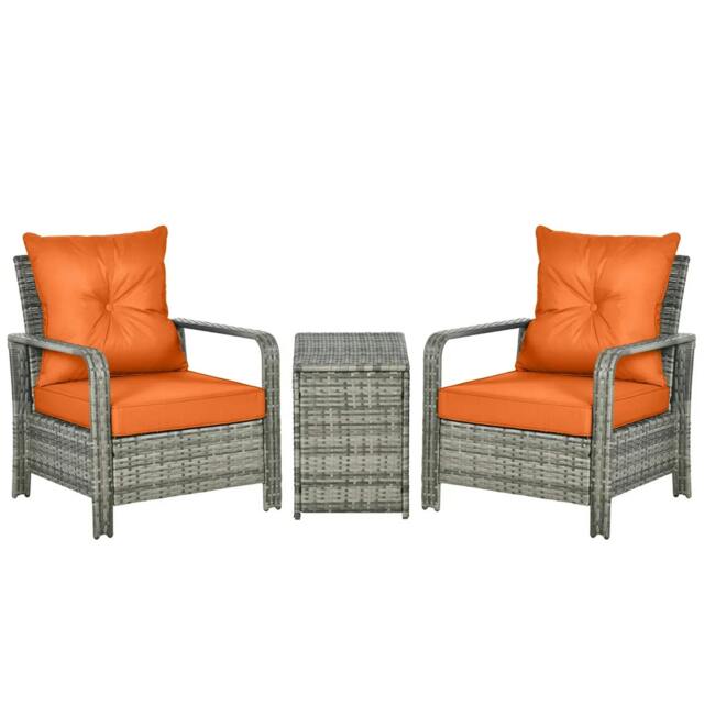 Rackhams 3 Pieces Rattan Bistro Set, Wicker Garden Furniture Set with Storage Coffee Table and Chairs, Thickened Cushions for Outdoor, Patio, Balcony, Orange - image 1
