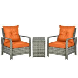 Rackhams 3 Pieces Rattan Bistro Set, Wicker Garden Furniture Set with Storage Coffee Table and Chairs, Thickened Cushions for Outdoor, Patio, Balcony, Orange