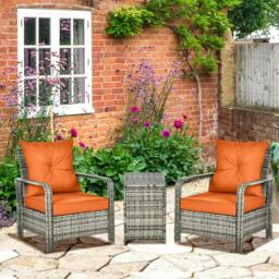 Rackhams 3 Pieces Rattan Bistro Set, Wicker Garden Furniture Set with Storage Coffee Table and Chairs, Thickened Cushions for Outdoor, Patio, Balcony, Orange - thumbnail 2