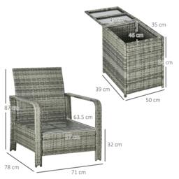 Rackhams 3 Pieces Rattan Bistro Set, Wicker Garden Furniture Set with Storage Coffee Table and Chairs, Thickened Cushions for Outdoor, Patio, Balcony, Orange - thumbnail 3