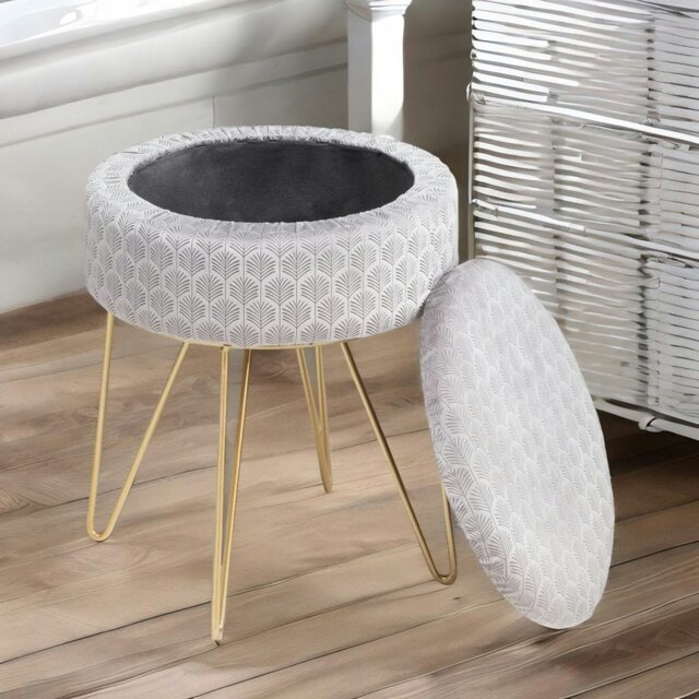 Rackhams Velvet Round Ottoman Footstool With Storage Grey - image 1