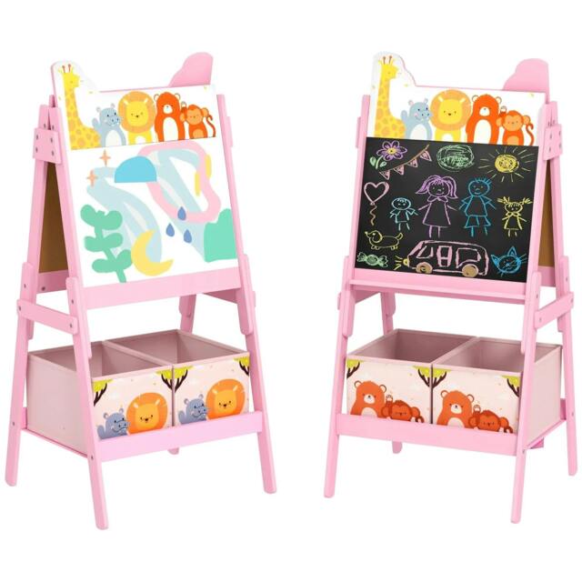 Rackhams 2 in 1 Kids Easel with Whiteboard, Chalkboard, Storage Boxes, for Ages 3-8 Years, Pink