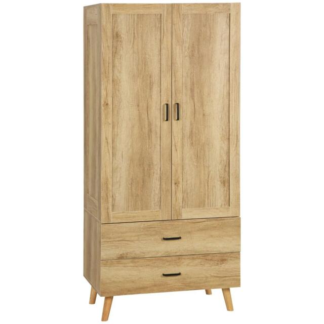 Rackhams 2 Door Wardrobe, Modern Wardrobe with 2 Drawer and Hanging Rail for Bedroom, Natural - image 1
