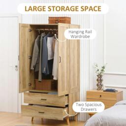 Rackhams 2 Door Wardrobe, Modern Wardrobe with 2 Drawer and Hanging Rail for Bedroom, Natural - thumbnail 3