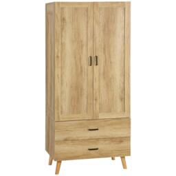 Rackhams 2 Door Wardrobe, Modern Wardrobe with 2 Drawer and Hanging Rail for Bedroom, Natural - thumbnail 1