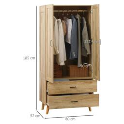 Rackhams 2 Door Wardrobe, Modern Wardrobe with 2 Drawer and Hanging Rail for Bedroom, Natural - thumbnail 2