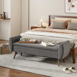 Rackhams 2-Seat Linen Upholstered Storage Bench with Side Arms and Walnut Colored Legs - Grey - thumbnail 2