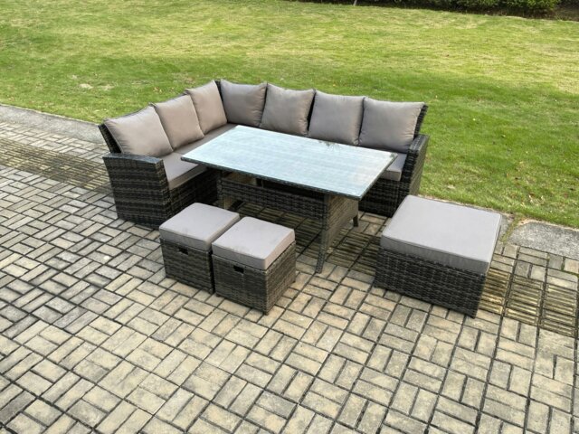 Rackhams 9 Seater Garden Rattan Furniture Corner Dining Set with 3 Footstools Indoor Outdoor Lounge Sofa Set Dark Grey Mixed - image 1
