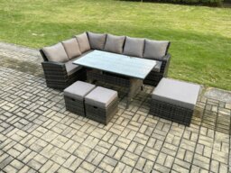 Rackhams 9 Seater Garden Rattan Furniture Corner Dining Set with 3 Footstools Indoor Outdoor Lounge Sofa Set Dark Grey Mixed - thumbnail 1