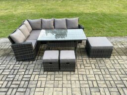 Rackhams 9 Seater Garden Rattan Furniture Corner Dining Set with 3 Footstools Indoor Outdoor Lounge Sofa Set Dark Grey Mixed - thumbnail 2