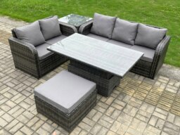 Rackhams 6-Seater Dark Grey Rattan Outdoor Lounge Set - Adjustable Rising Dining Table, Sofa, Side Table, Large Footstool - thumbnail 2