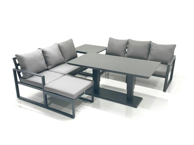 Rackhams 7 Seater Aluminium Outdoor Garden Furniture Set with Adjustable Rising Lifting Dining Table 3 Seater Sofa Big Footstool Side Table Dark Grey - image 1