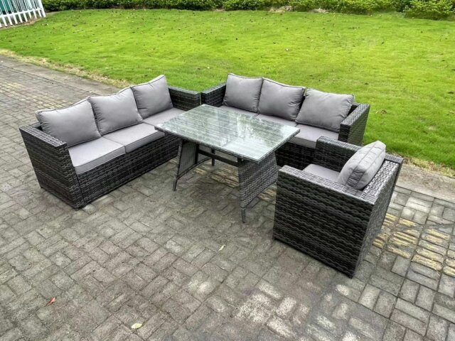 Rackhams Wicker PE Rattan Garden Dining Set Outdoor Furniture Sofa with Patio Dining Table Armchair 7 Seater Dark Grey Mixed - image 1