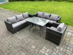 Rackhams Wicker PE Rattan Garden Dining Set Outdoor Furniture Sofa with Patio Dining Table Armchair 7 Seater Dark Grey Mixed - thumbnail 2