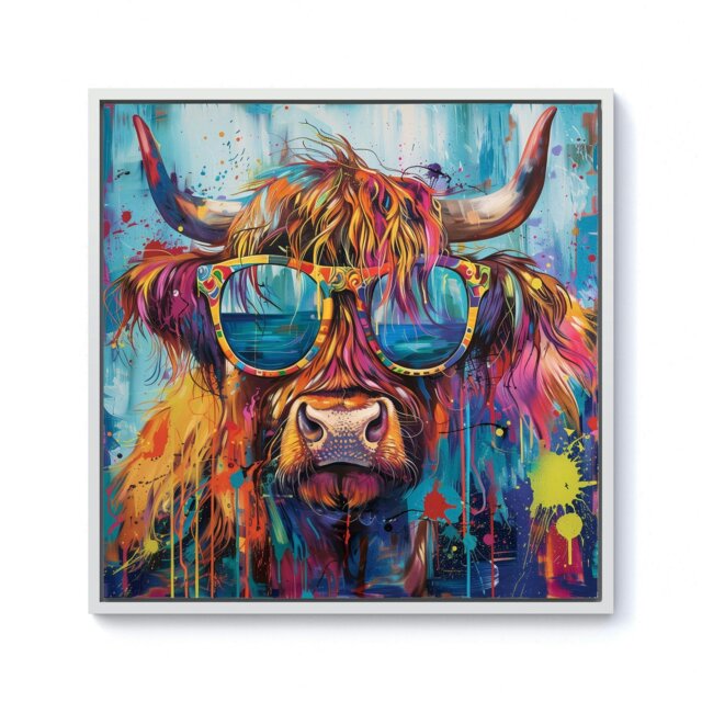 "Rackhams Splash Art Highland Cow With Glasses Framed Canvas - 10"" x 10"" - White" - image 1