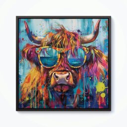 "Rackhams Splash Art Highland Cow With Glasses Framed Canvas - 10"" x 10"" - White" - thumbnail 5