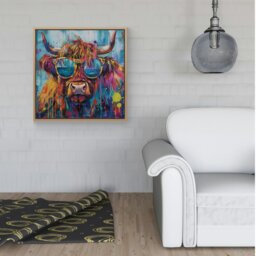 "Rackhams Splash Art Highland Cow With Glasses Framed Canvas - 10"" x 10"" - White" - thumbnail 4