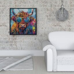 "Rackhams Splash Art Highland Cow With Glasses Framed Canvas - 10"" x 10"" - White" - thumbnail 6