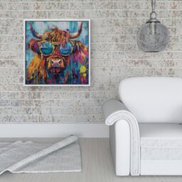 "Rackhams Splash Art Highland Cow With Glasses Framed Canvas - 10"" x 10"" - White" - thumbnail 2