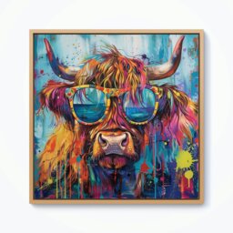 "Rackhams Splash Art Highland Cow With Glasses Framed Canvas - 10"" x 10"" - White" - thumbnail 3