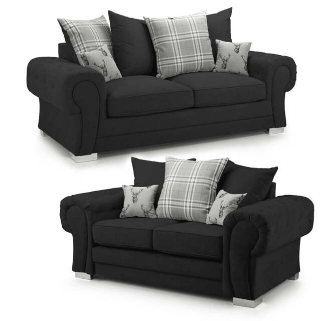 Rackhams Milan Chesterfield Fabric 3 + 2 Seater Sofa Suite - Scatter Back - Black - image 1