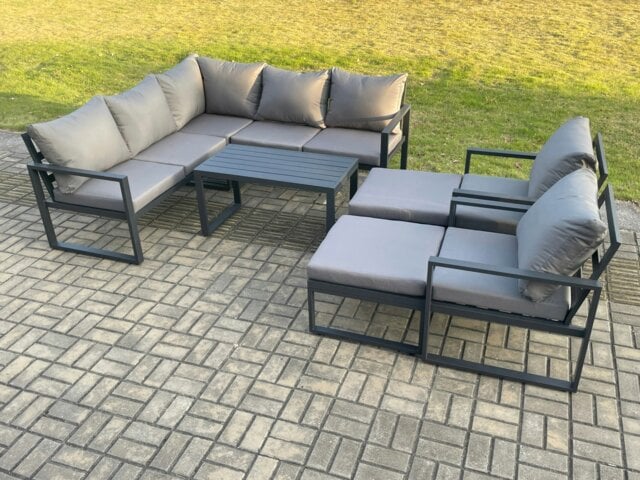 Rackhams 9 Seater Aluminium Outdoor Garden Furniture Set Patio Lounge Sofa with Oblong Coffee Table 2 Big Footstools Dark Grey