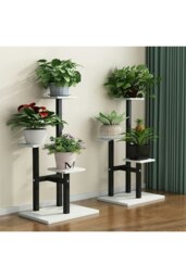 Rackhams 3 Tiered Wooden Plant Stand with White Shelves & Black Frame for Balcony, Living Room, Garden – Storage Organizer for Home Decor - White - thumbnail 3
