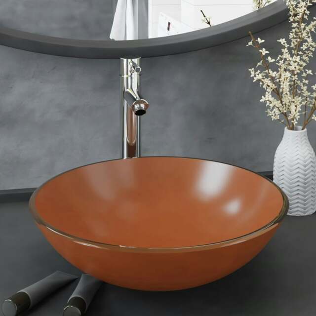 Rackhams Bathroom Sink with Tap and Push Drain Brown Tempered Glass