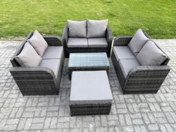 Rackhams Outdoor Garden Furniture Sets 7 Seater Wicker Rattan Furniture Sofa Sets with Rectangular Coffee Table Love Sofa Big Footstool Dark Grey Mixed - thumbnail 1
