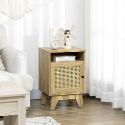 Rackhams Nightstand, Rattan Bedside Table w/ Cabinet, Shelf, Natural - thumbnail 2