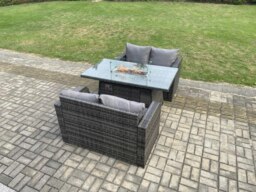 Rackhams Rattan Garden Furniture Set with Gas Fire Pit Dining Table Indoor Outdoor 3 piece set - thumbnail 1
