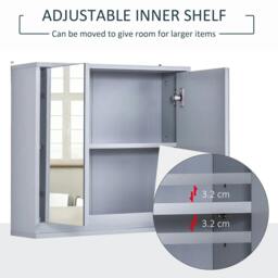 Rackhams Wall Mounted Mirror Cabinet with Storage Shelf Bathroom Cupboard Double Door Grey - Grey - thumbnail 4