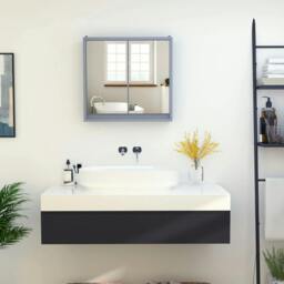 Rackhams Wall Mounted Mirror Cabinet with Storage Shelf Bathroom Cupboard Double Door Grey - Grey - thumbnail 2