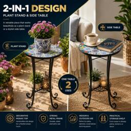 Rackhams 35cm Mosaic Plant Stand and Side Table with Ceramic Tile Top for Indoor and Outdoor Use - 38.5 x 44 x 68 - thumbnail 3