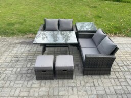 Rackhams 6-Piece Dark Grey Wicker Rattan Outdoor Sofa Set - Patio Conversation Set, Side Table, 2 Footstools - thumbnail 1
