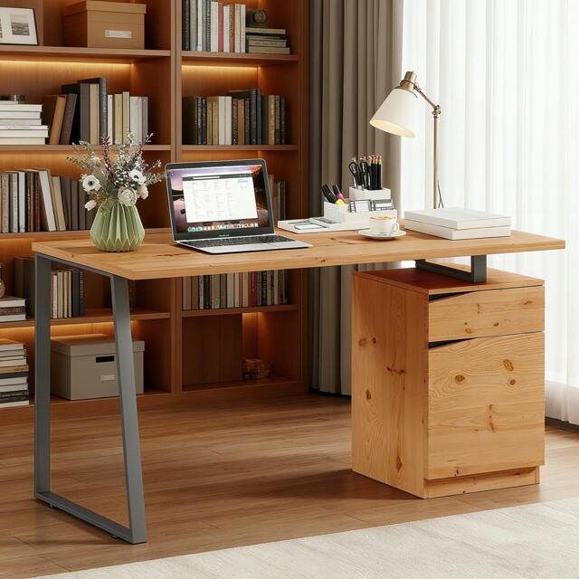 Rackhams Computer Desk, Writing Table with Cabinet and Drawer, Natural - 60 - 135 - 75 - image 1